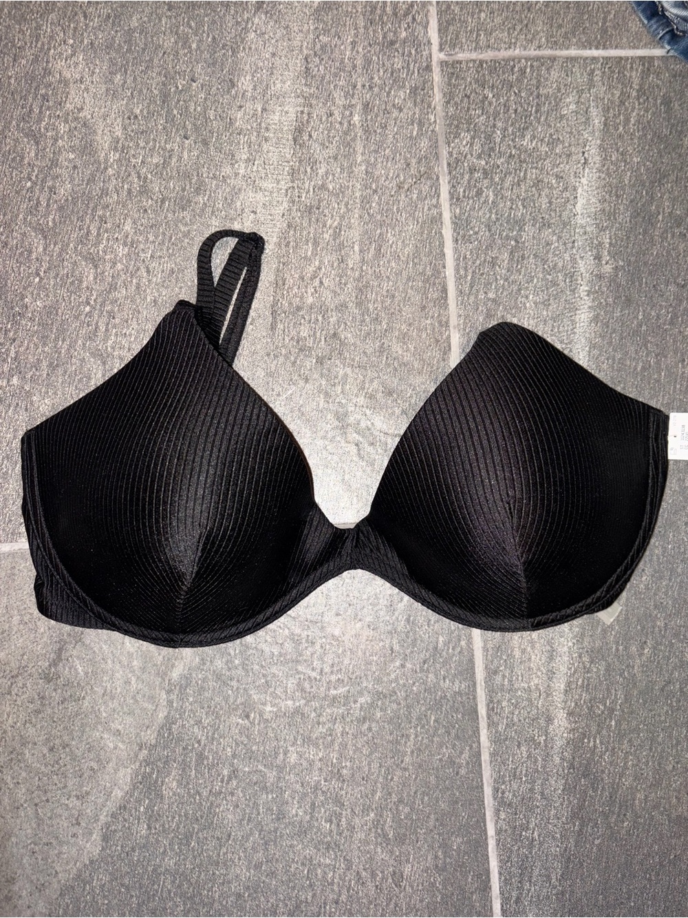 Victoria’s Secret Pink Black Ribbed Push Up Bikini Top, L DD NWT
